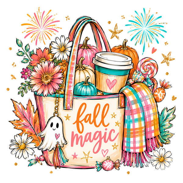 Fall Magic Tote Bag with Ghost and Pumpkins – Fall Ready to Press DTF Transfer