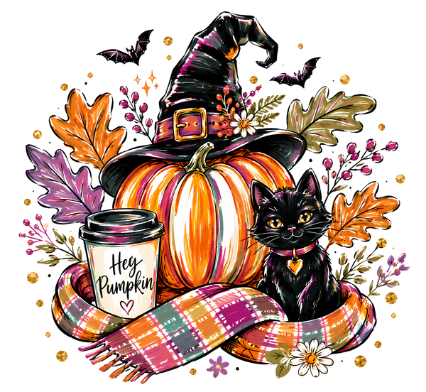 Hey Pumpkin Black Cat with Witch Hat and Coffee – Halloween Ready to Press DTF Transfer