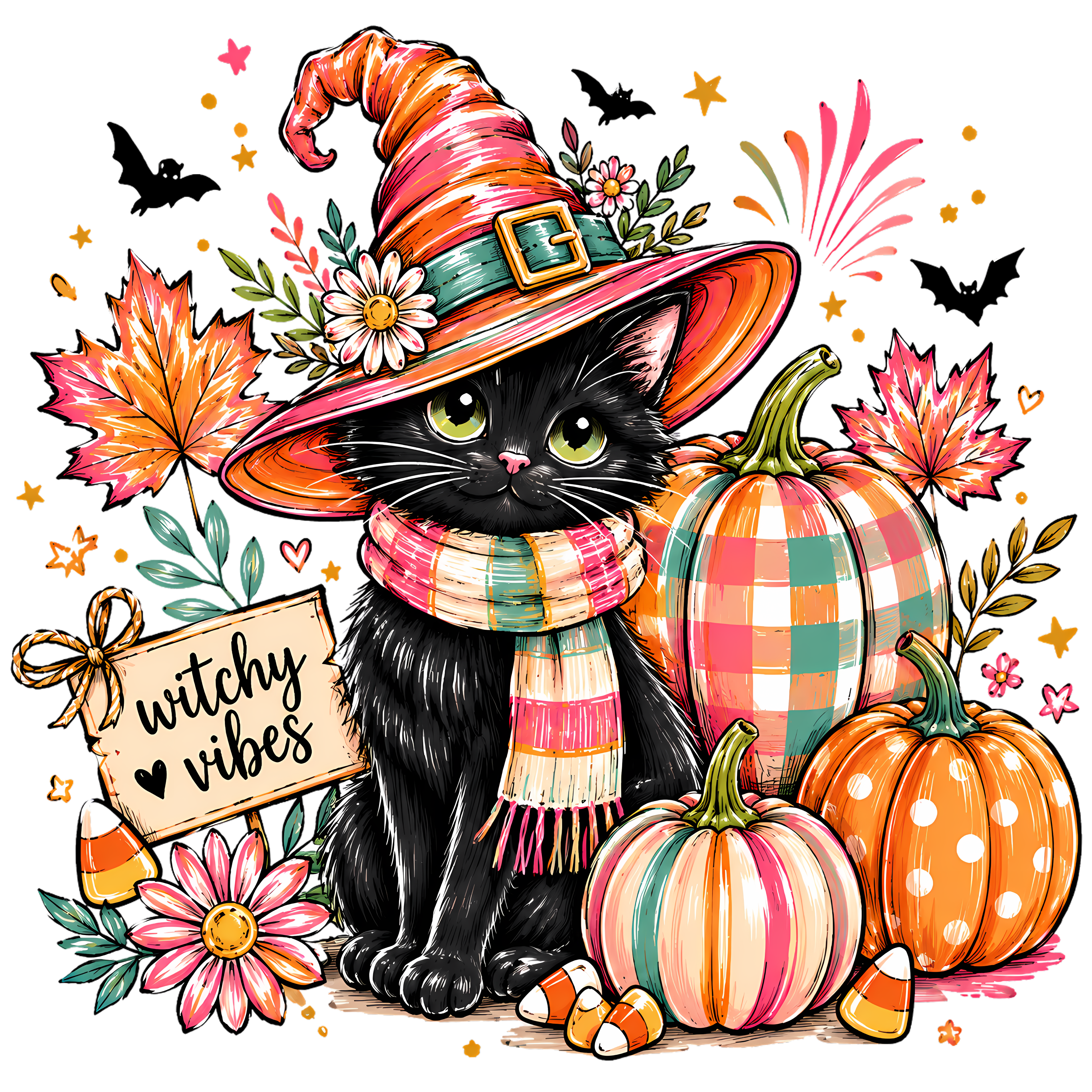 Witchy Vibes Black Cat with Pumpkins and Candy Corn – Halloween Ready to Press DTF Transfer