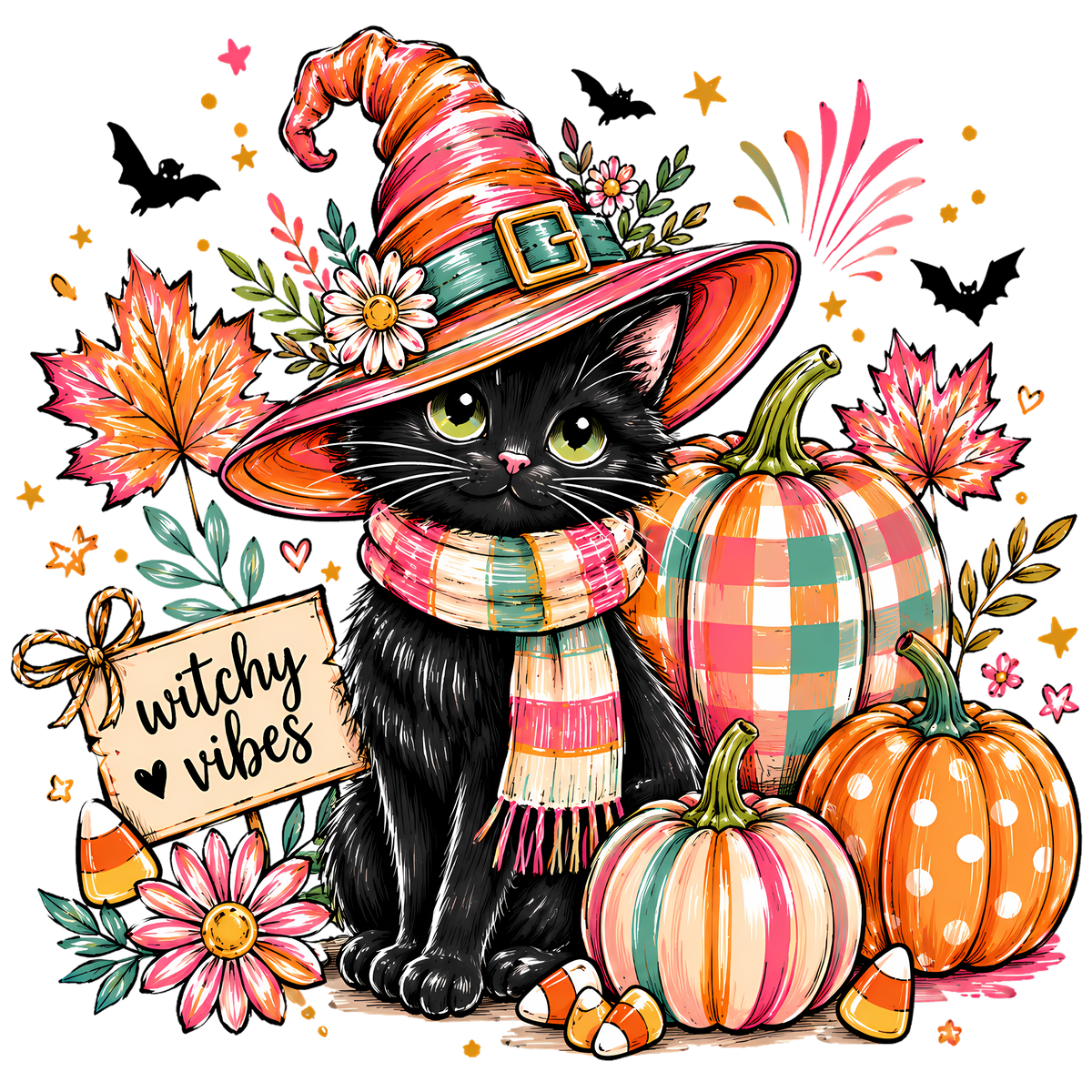 Witchy Vibes Black Cat with Pumpkins and Candy Corn – Halloween Ready to Press DTF Transfer