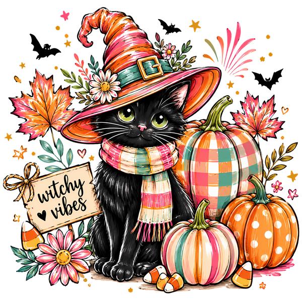 Witchy Vibes Black Cat with Pumpkins and Candy Corn – Halloween Ready to Press DTF Transfer