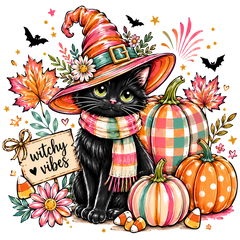 Witchy Vibes Black Cat with Pumpkins and Candy Corn – Halloween Ready to Press DTF Transfer