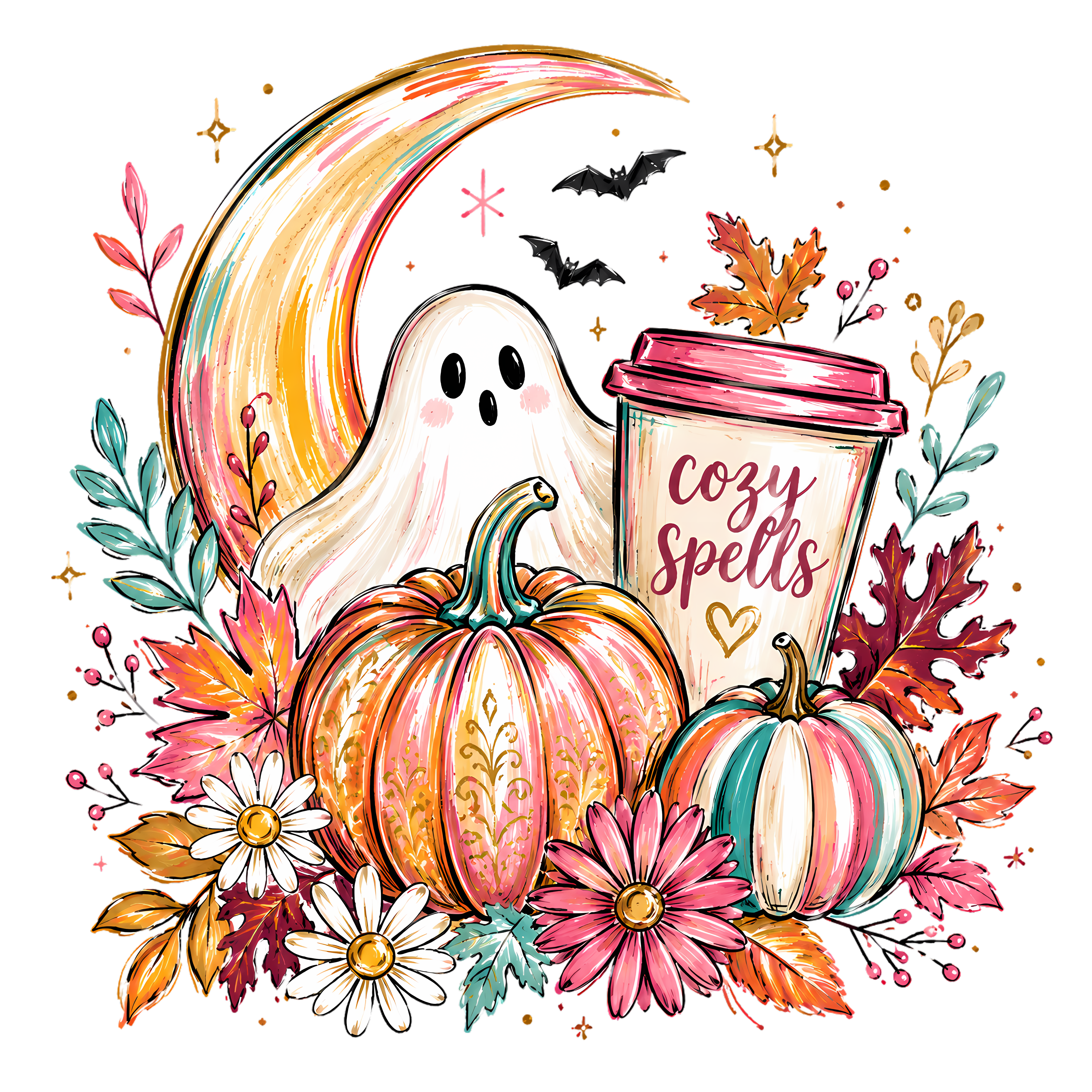 Cozy Spells Ghost with Pumpkins and Crescent Moon – Halloween Ready to Press DTF Transfer