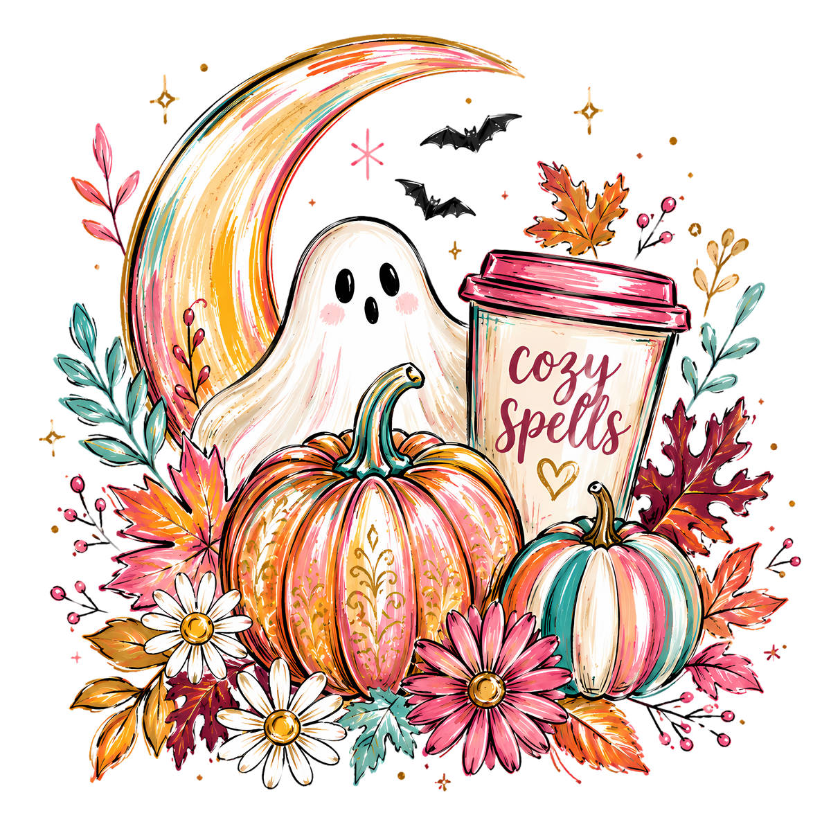Cozy Spells Ghost with Pumpkins and Crescent Moon – Halloween Ready to Press DTF Transfer