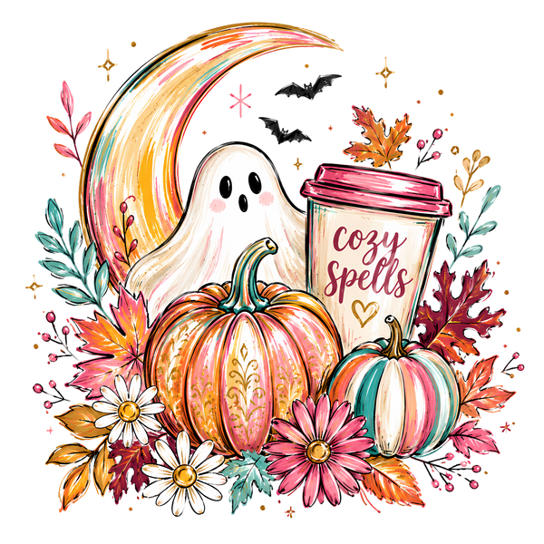 Cozy Spells Ghost with Pumpkins and Crescent Moon – Halloween Ready to Press DTF Transfer