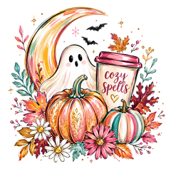 Cozy Spells Ghost with Pumpkins and Crescent Moon – Halloween Ready to Press DTF Transfer