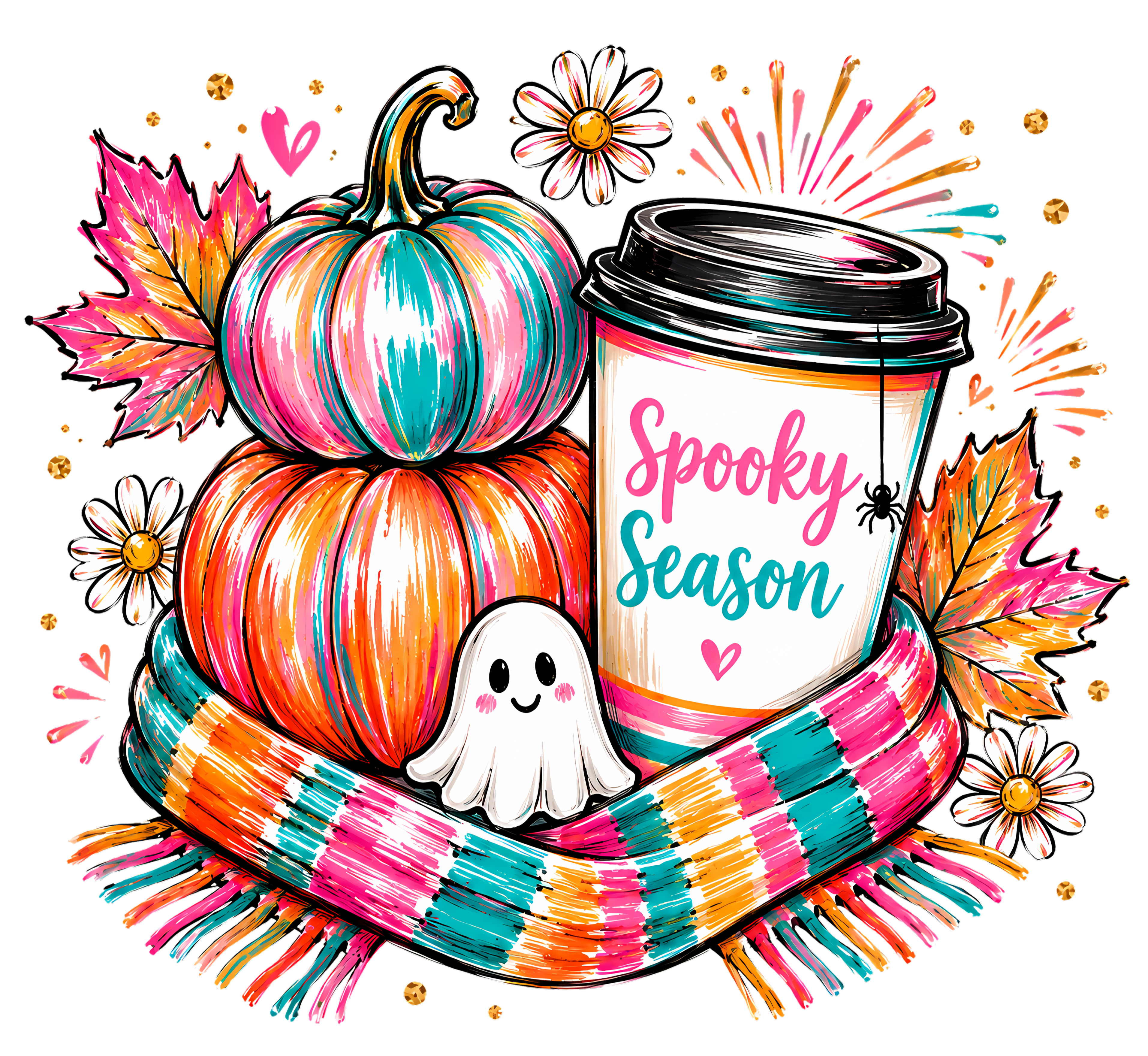 Spooky Season Stacked Pumpkins with Ghost and Coffee – Halloween Ready to Press DTF Transfer
