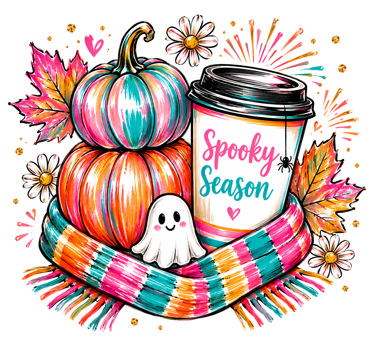Spooky Season Stacked Pumpkins with Ghost and Coffee – Halloween Ready to Press DTF Transfer