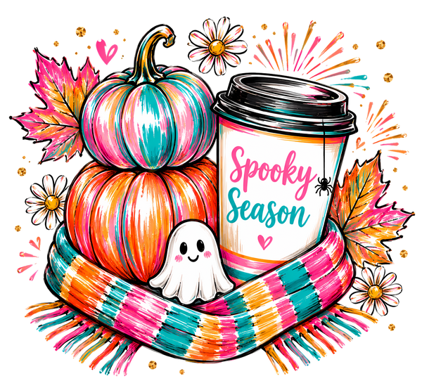 Spooky Season Stacked Pumpkins with Ghost and Coffee – Halloween Ready to Press DTF Transfer
