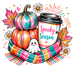 Spooky Season Stacked Pumpkins with Ghost and Coffee – Halloween Ready to Press DTF Transfer