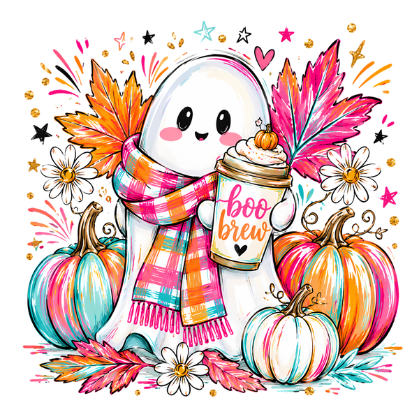 Boo Brew Cute Ghost With Pumpkin Spice Latte – Halloween Ready to Press DTF Transfer