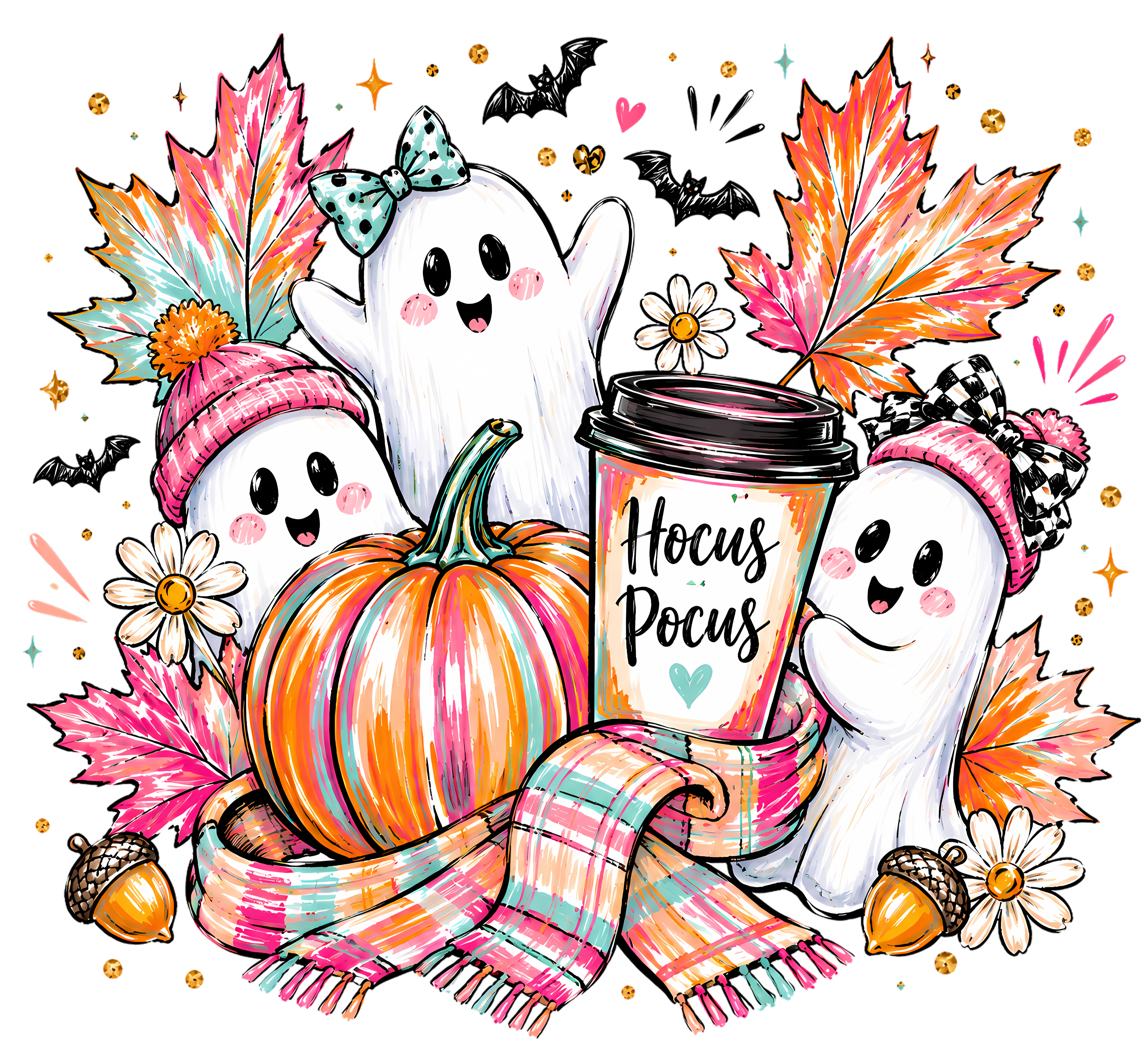 Hocus Pocus Ghost Trio With Coffee – Halloween Ready to Press DTF Transfer
