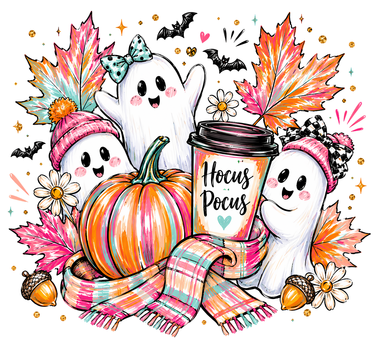 Hocus Pocus Ghost Trio With Coffee – Halloween Ready to Press DTF Transfer