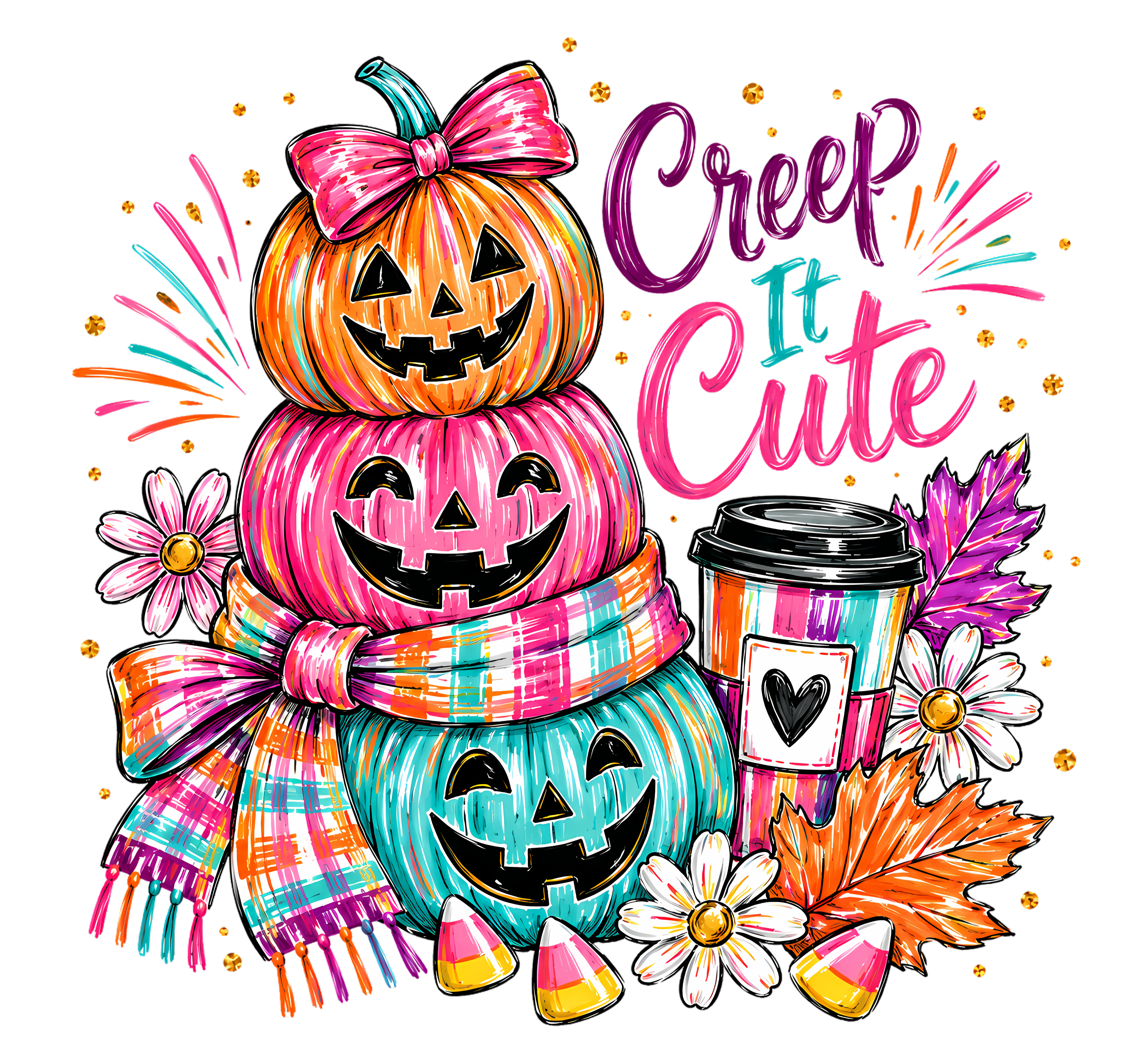 Creep It Cute Stacked Jack-O-Lanterns – Halloween Ready to Press DTF Transfer