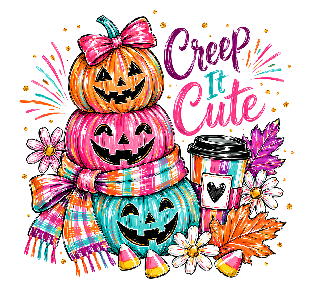 Creep It Cute Stacked Jack-O-Lanterns – Halloween Ready to Press DTF Transfer