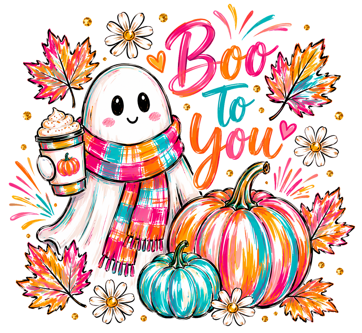 Boo To You Cute Ghost With Pumpkins – Halloween Ready to Press DTF Transfer