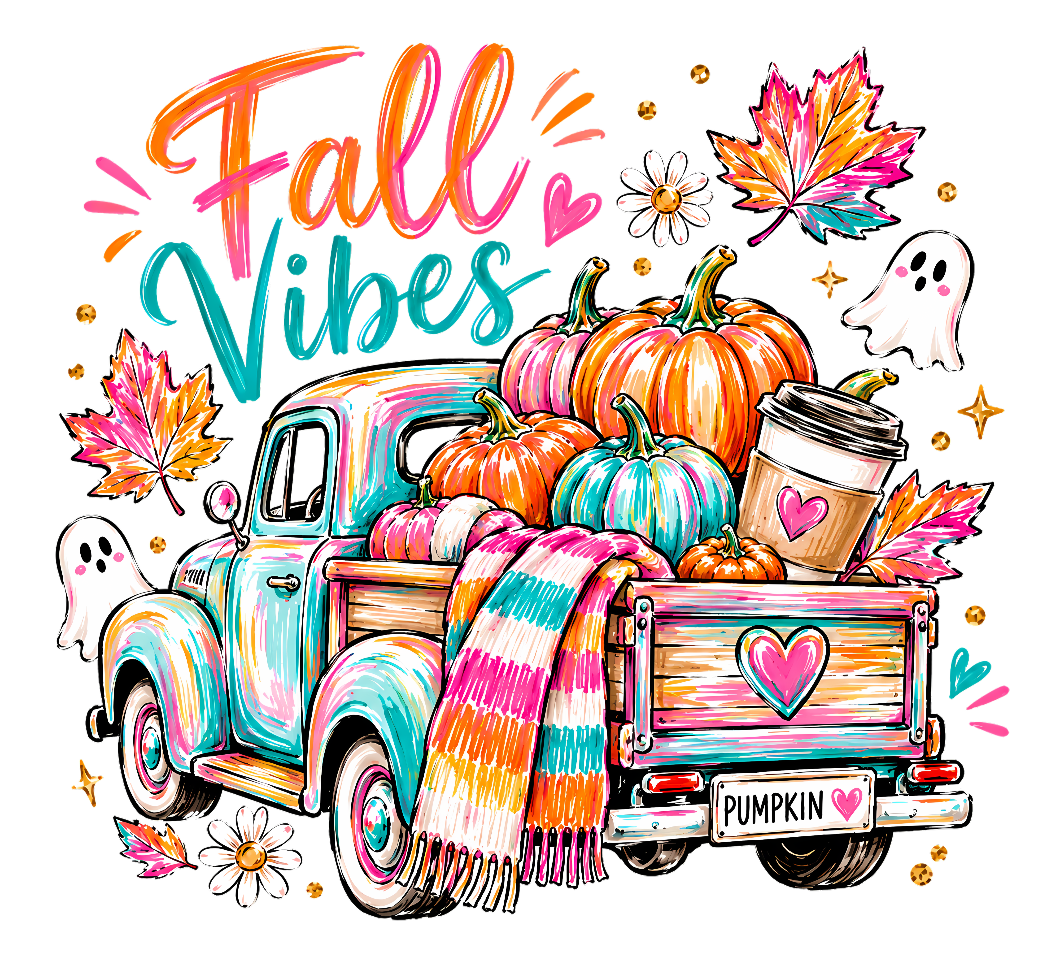 Fall Vibes Pumpkin Truck With Ghosts – Fall Ready to Press DTF Transfer