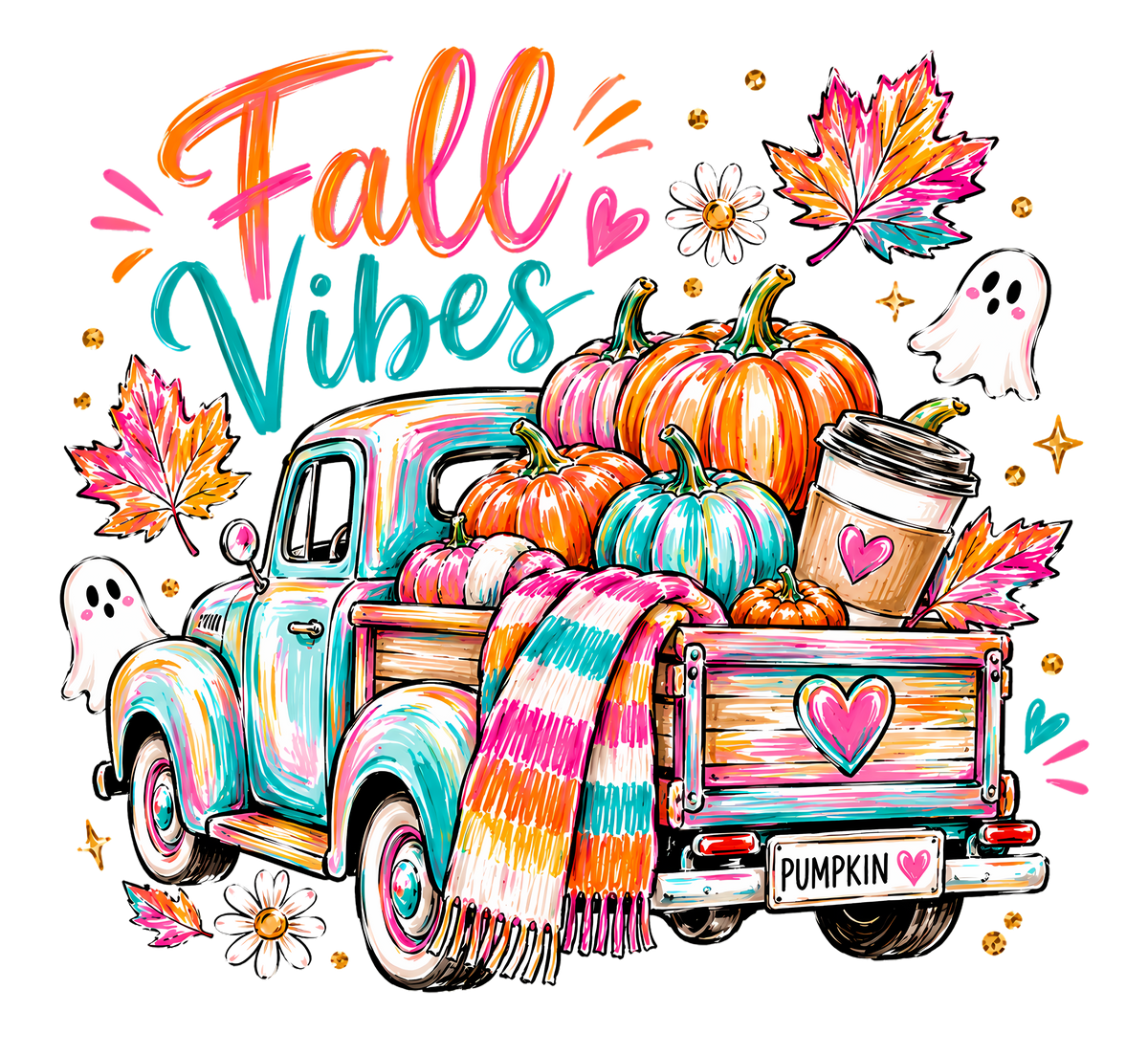 Fall Vibes Pumpkin Truck With Ghosts – Fall Ready to Press DTF Transfer