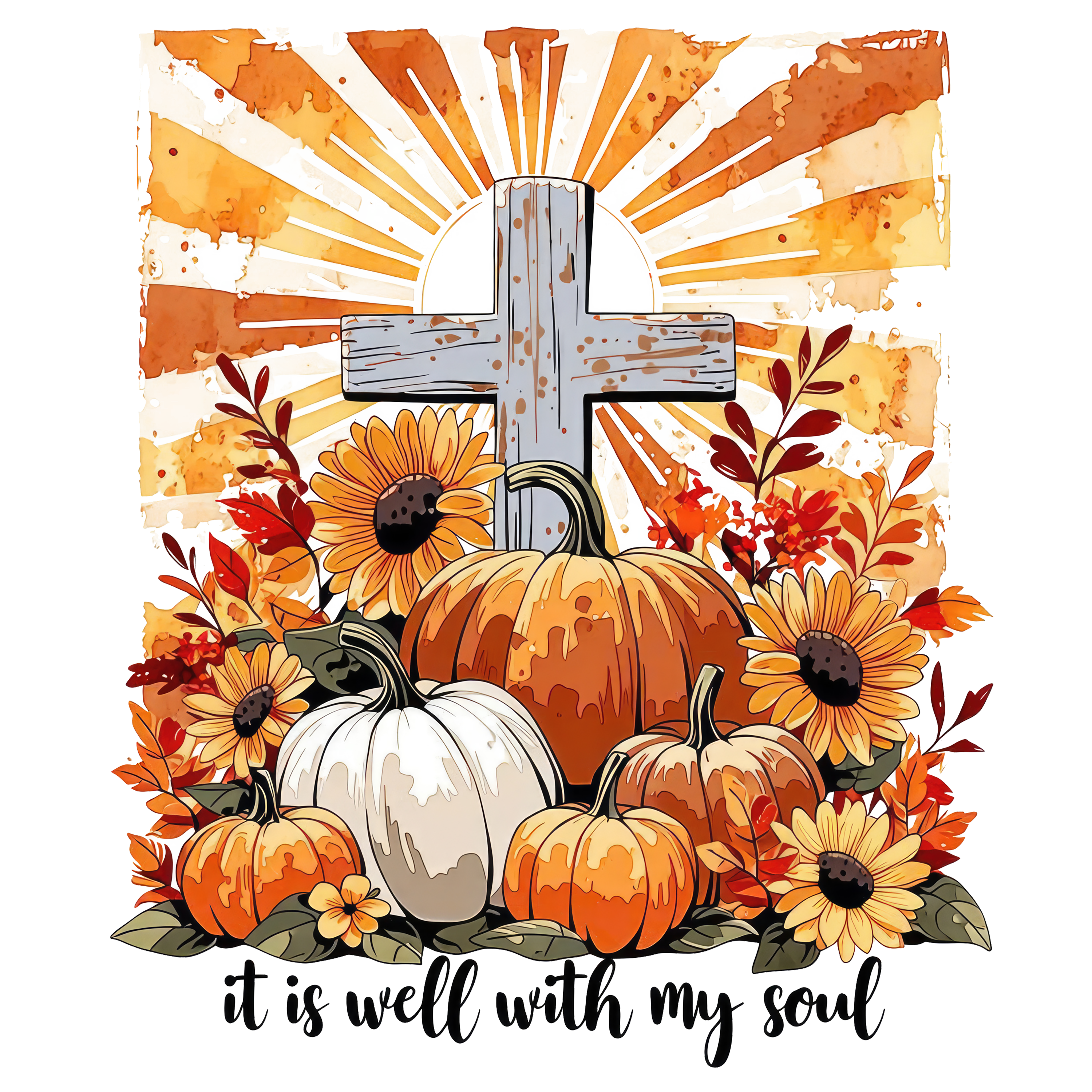 It Is Well With My Soul Fall Cross With Pumpkins – Religious Ready to Press DTF Transfer