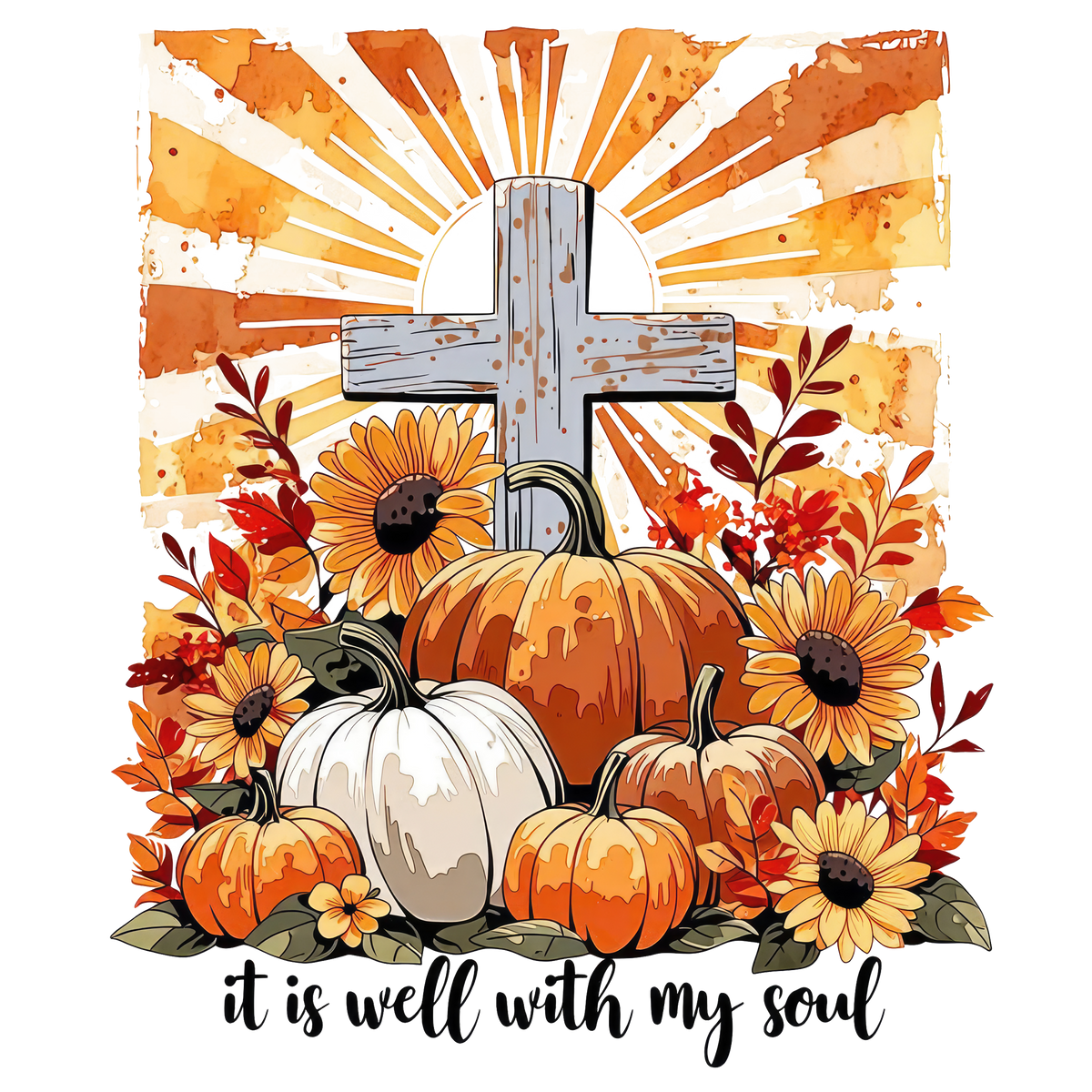 It Is Well With My Soul Fall Cross With Pumpkins – Religious Ready to Press DTF Transfer