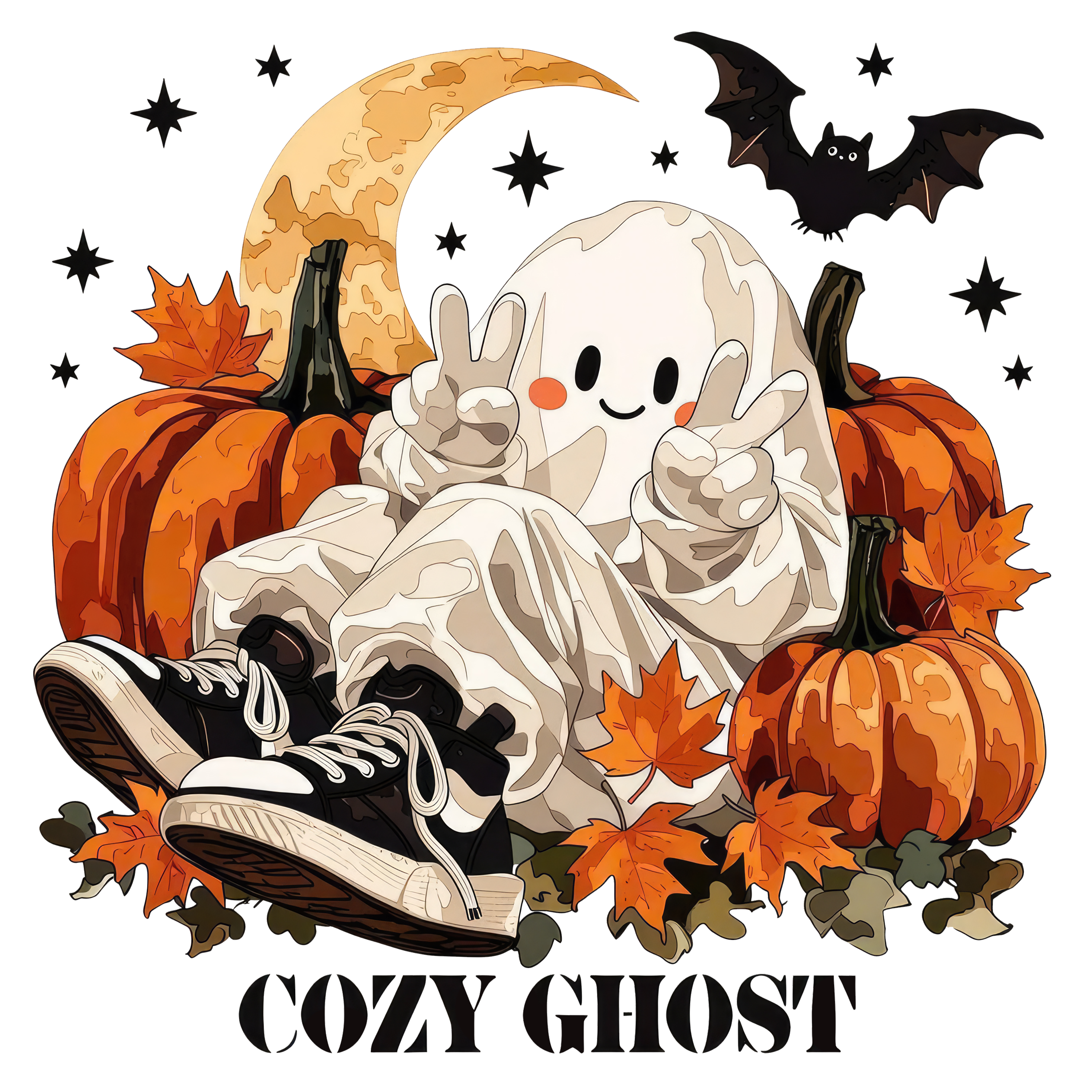 Cozy Ghost With Pumpkins And Sneakers – Halloween Ready to Press DTF Transfer