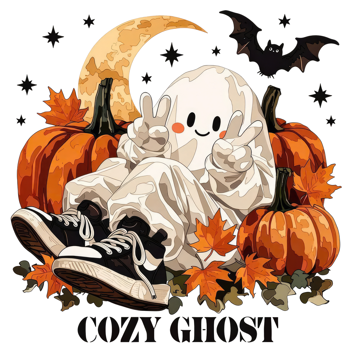 Cozy Ghost With Pumpkins And Sneakers – Halloween Ready to Press DTF Transfer