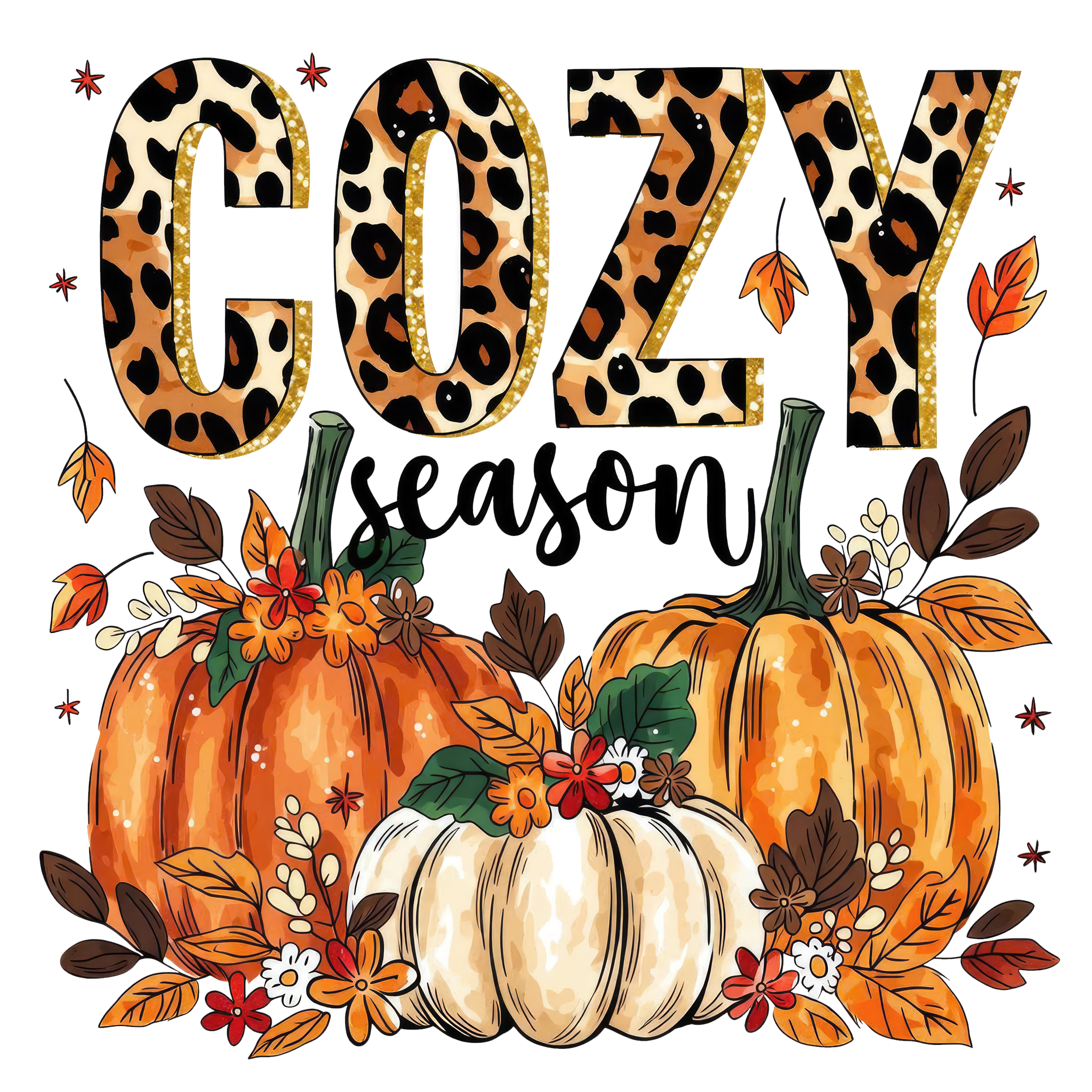 Cozy Season Leopard Print Pumpkins And Leaves – Fall Ready to Press DTF Transfer