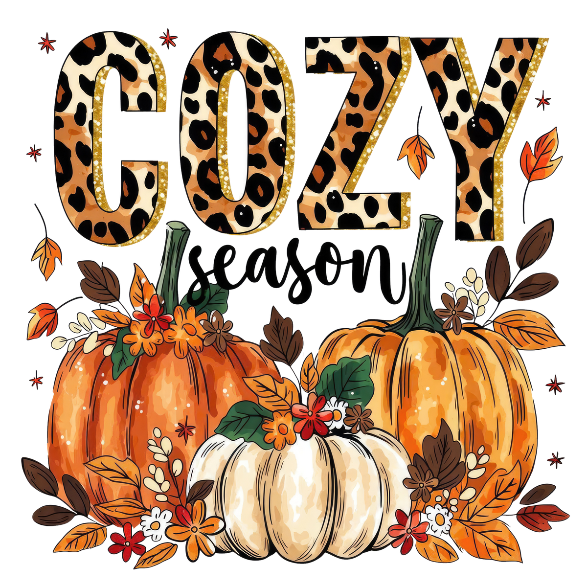 Cozy Season Leopard Print Pumpkins And Leaves – Fall Ready to Press DTF Transfer