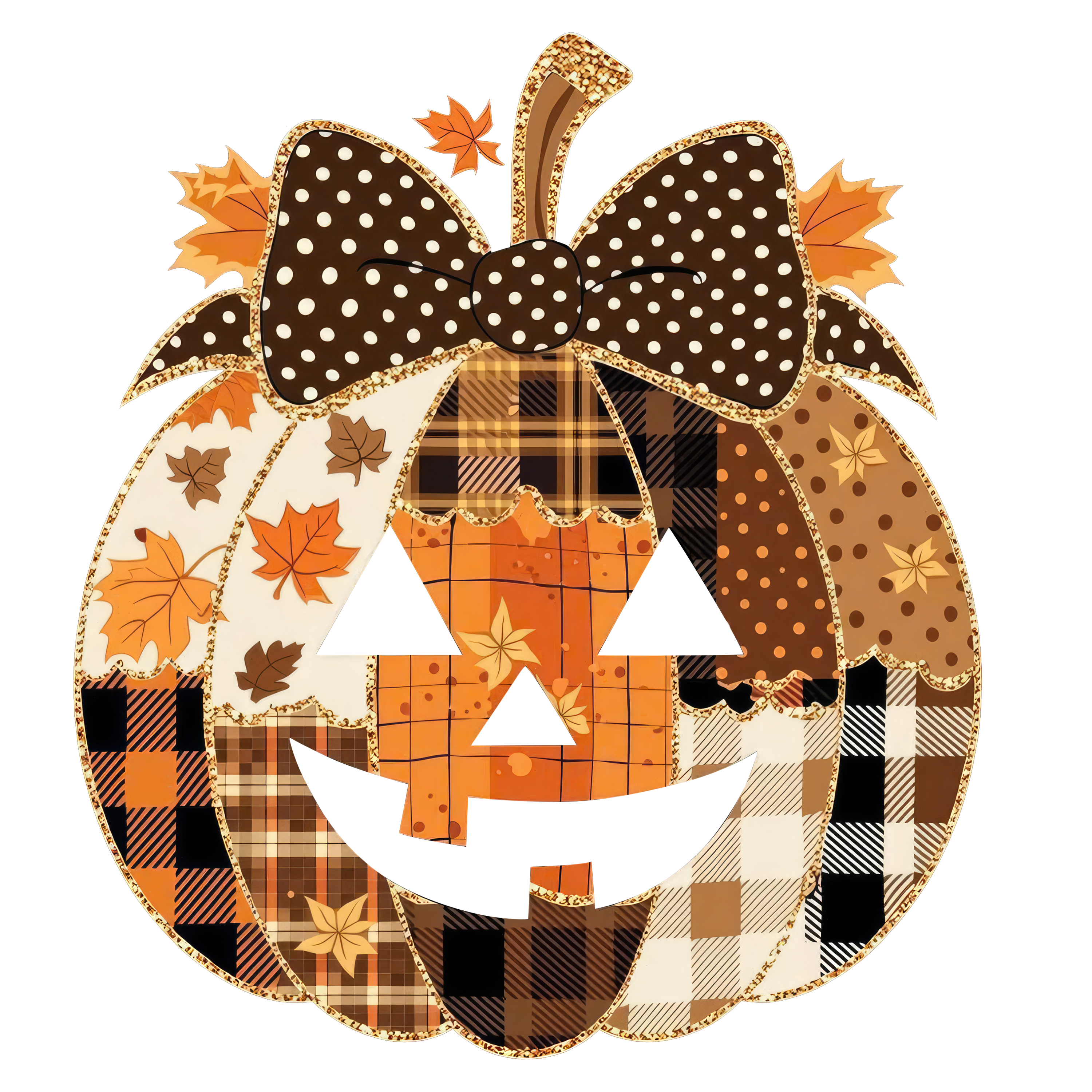 Patchwork Plaid Jack-O-Lantern with Bow – Halloween Ready to Press DTF Transfer