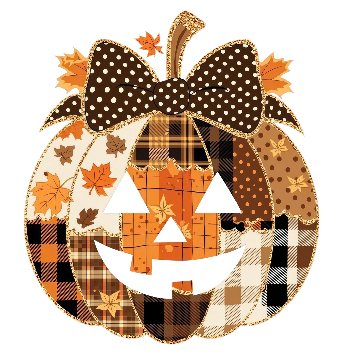 Patchwork Plaid Jack-O-Lantern with Bow – Halloween Ready to Press DTF Transfer