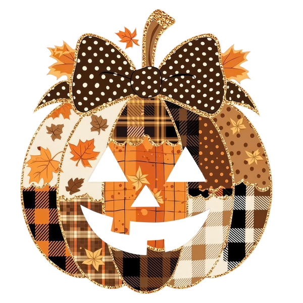 Patchwork Plaid Jack-O-Lantern with Bow – Halloween Ready to Press DTF Transfer