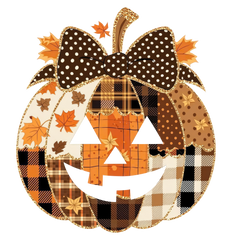 Patchwork Plaid Jack-O-Lantern with Bow – Halloween Ready to Press DTF Transfer