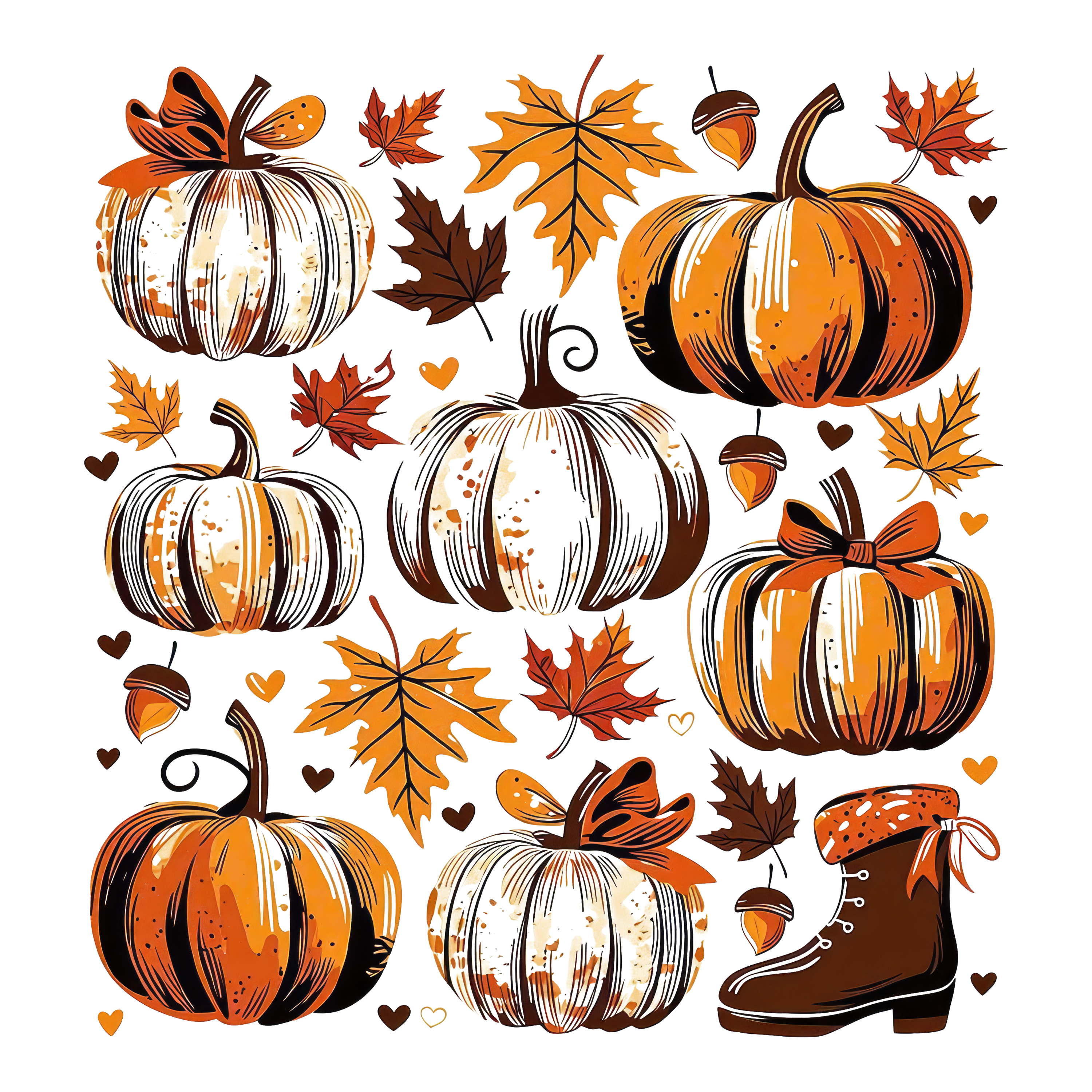 Pumpkins Leaves and Acorns Autumn Doodle Collage – Fall Ready to Press DTF Transfer