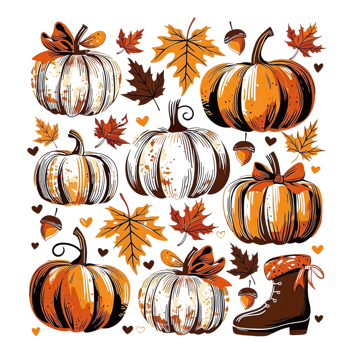 Pumpkins Leaves and Acorns Autumn Doodle Collage – Fall Ready to Press DTF Transfer