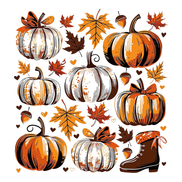 Pumpkins Leaves and Acorns Autumn Doodle Collage – Fall Ready to Press DTF Transfer