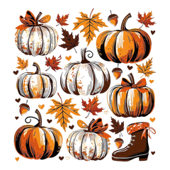 Pumpkins Leaves and Acorns Autumn Doodle Collage – Fall Ready to Press DTF Transfer