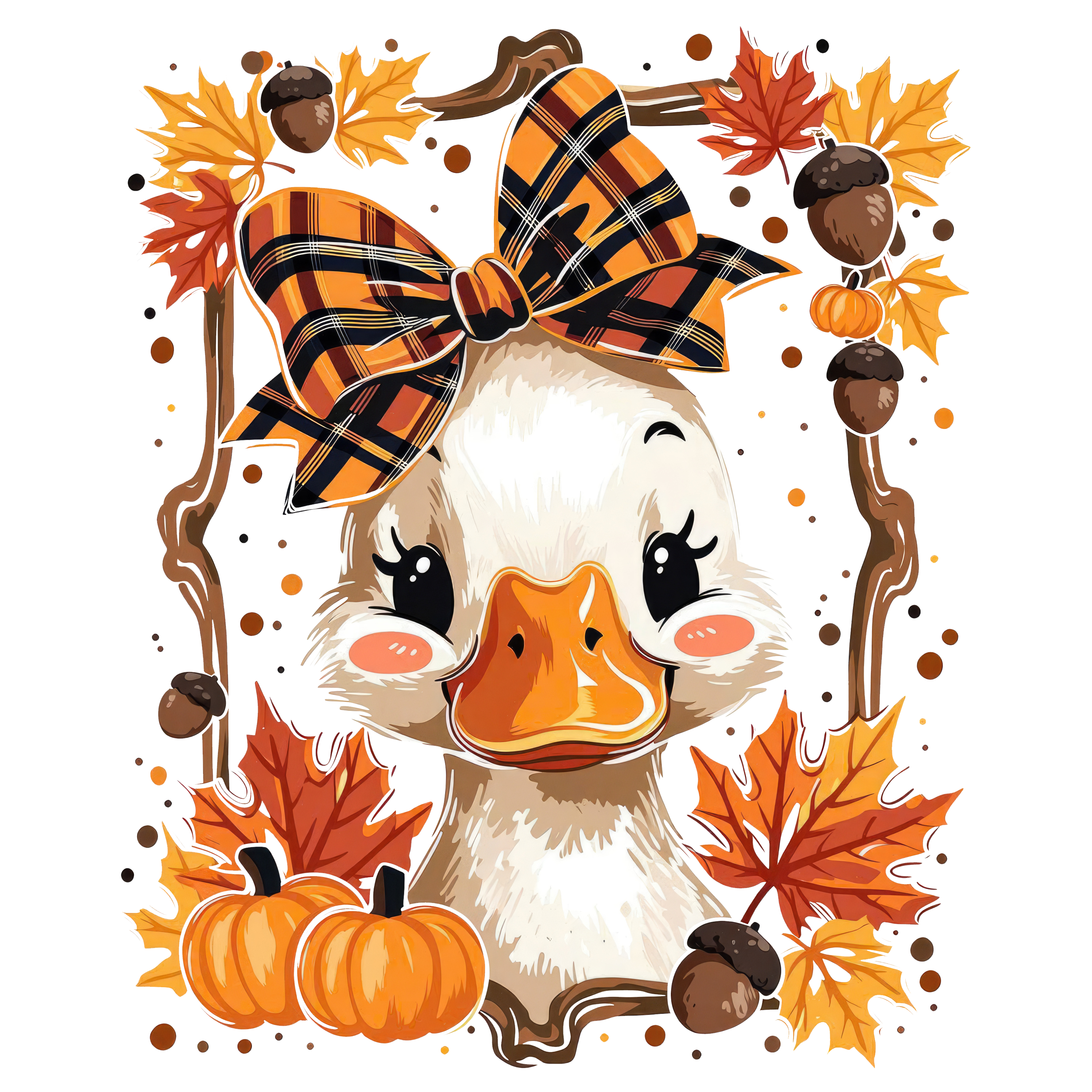 Cute Fall Duck with Plaid Bow Pumpkins and Leaves – Fall Ready to Press DTF Transfer