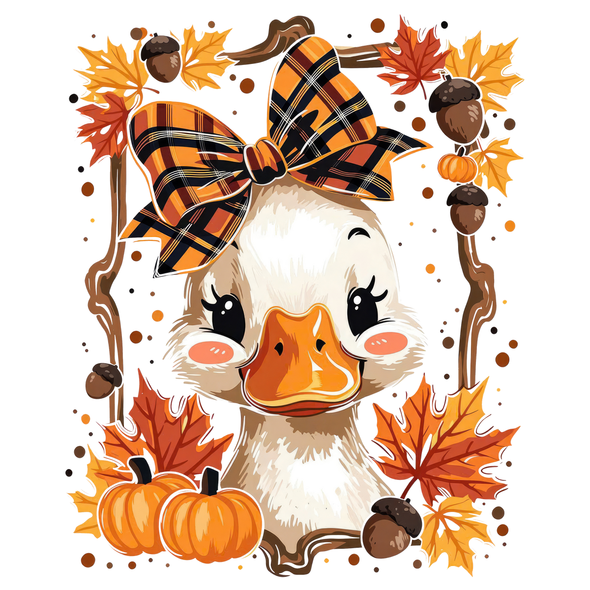 Cute Fall Duck with Plaid Bow Pumpkins and Leaves – Fall Ready to Press DTF Transfer