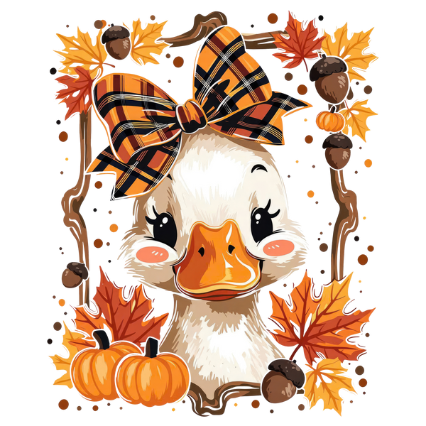 Cute Fall Duck with Plaid Bow Pumpkins and Leaves – Fall Ready to Press DTF Transfer