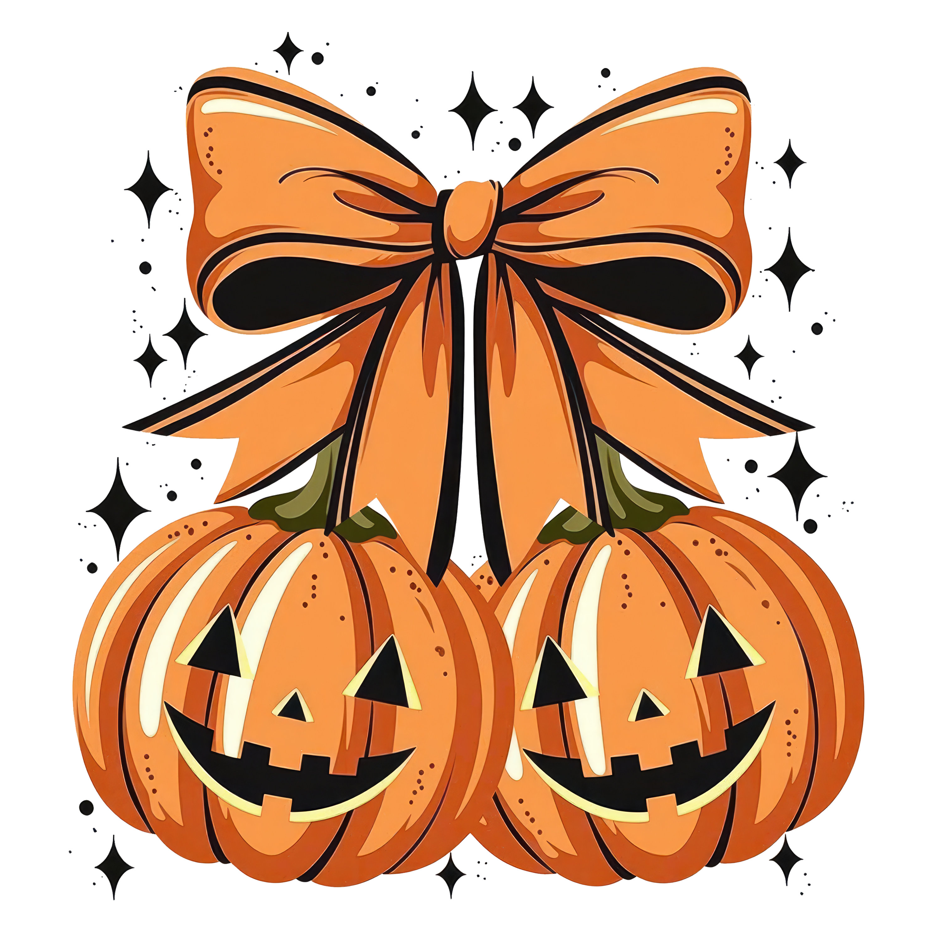 Jack-O-Lantern Pair with Orange Bow and Sparkles – Halloween Ready to Press DTF Transfer