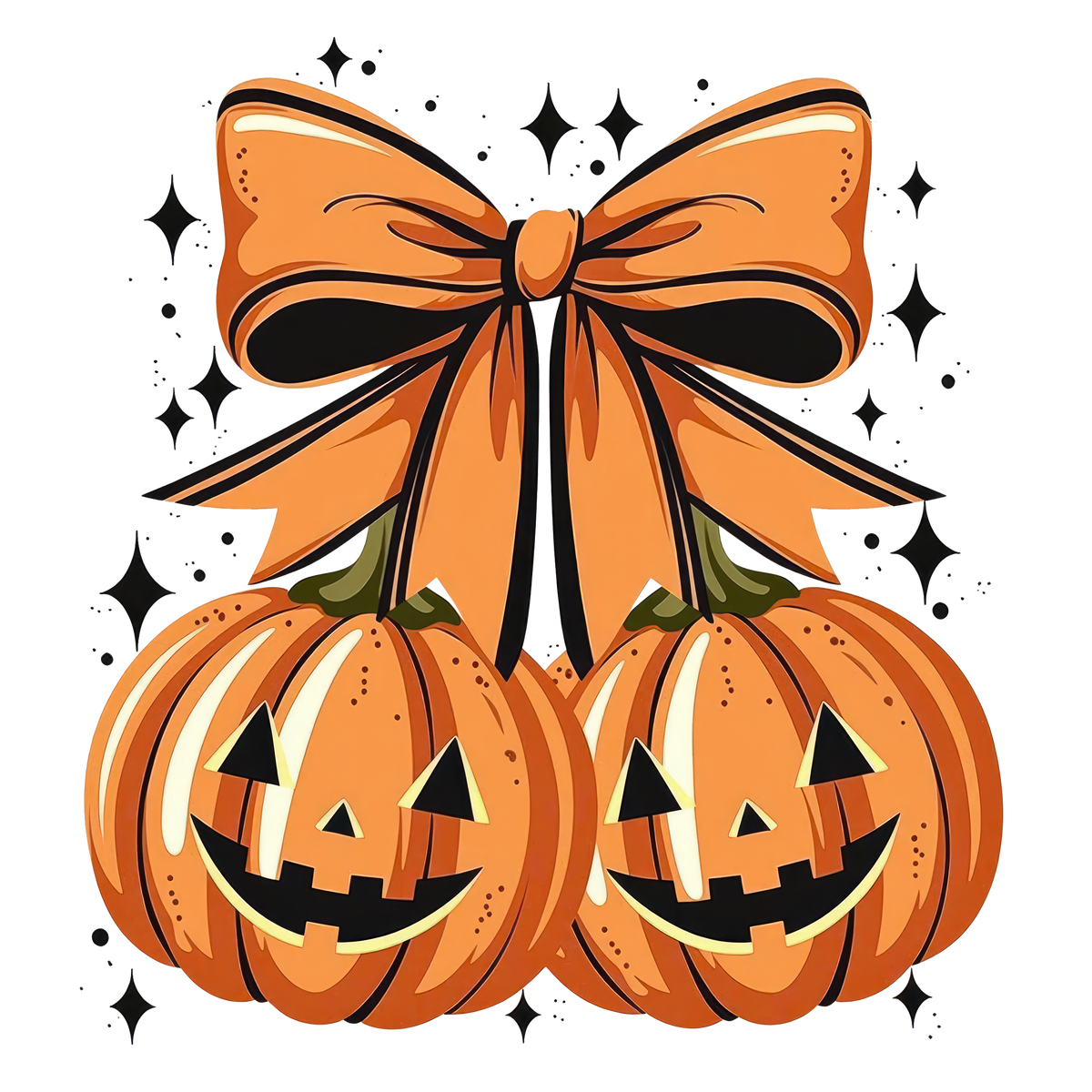 Jack-O-Lantern Pair with Orange Bow and Sparkles – Halloween Ready to Press DTF Transfer