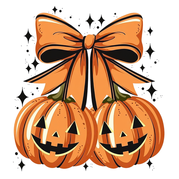 Jack-O-Lantern Pair with Orange Bow and Sparkles – Halloween Ready to Press DTF Transfer
