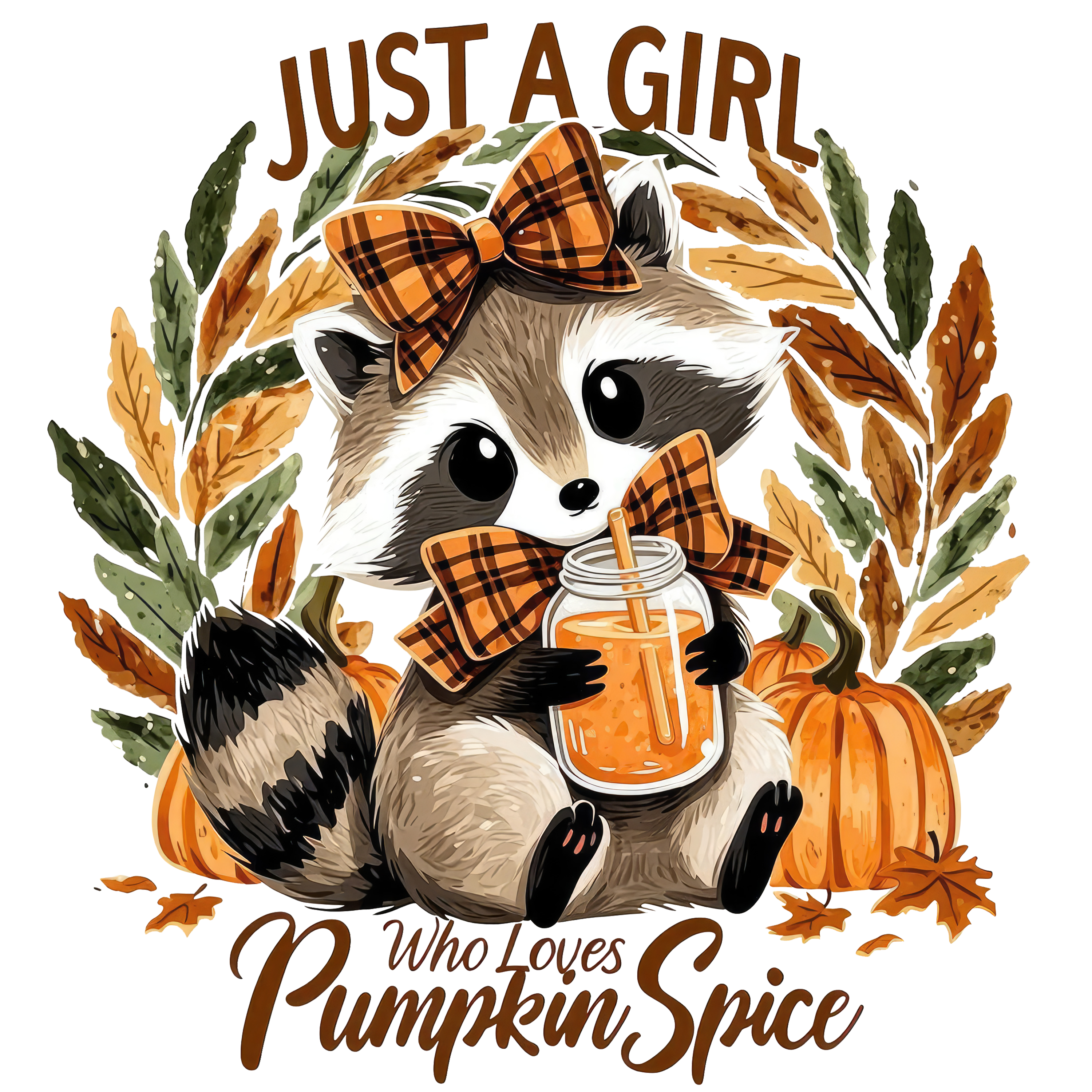 Just A Girl Who Loves Pumpkin Spice Raccoon – Fall Ready to Press DTF Transfer