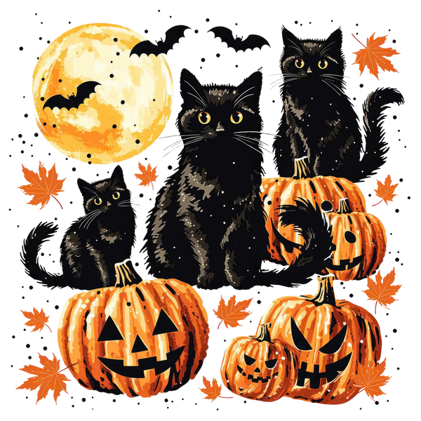 Black Cats and Jack-O-Lanterns Full Moon Night – Halloween Ready to Press DTF Transfer