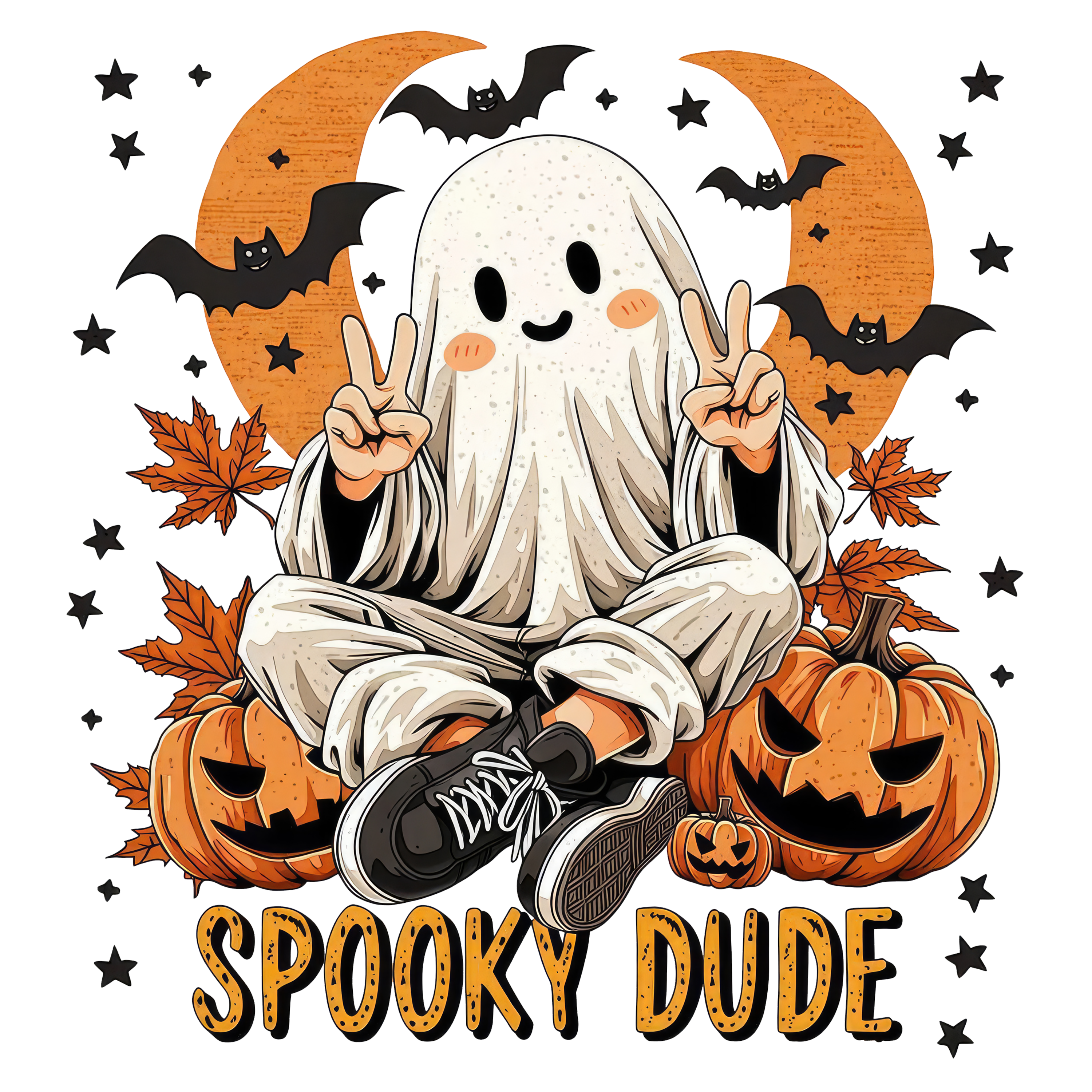 Spooky Dude Cute Ghost with Pumpkins and Bats – Halloween Ready to Press DTF Transfer