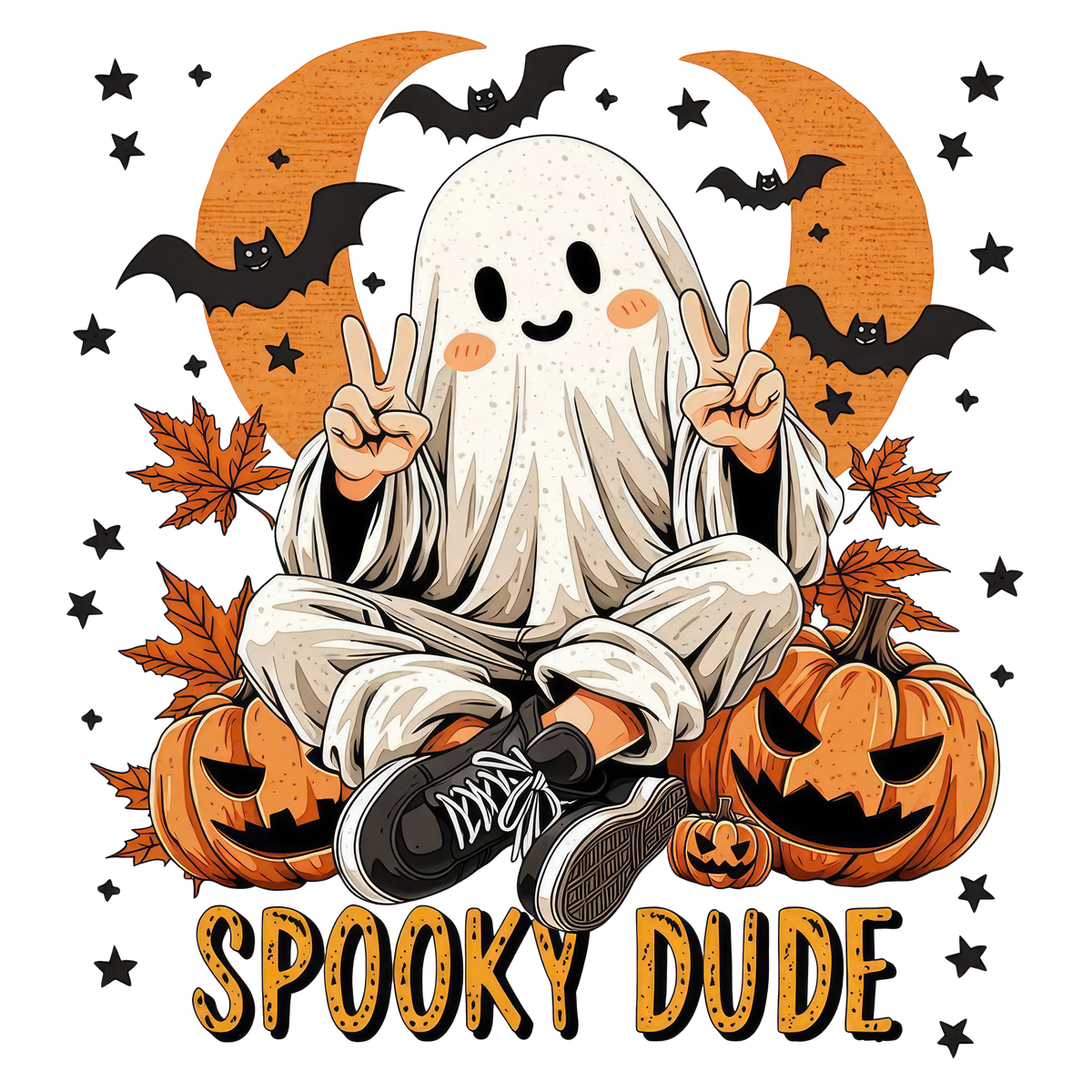 Spooky Dude Cute Ghost with Pumpkins and Bats – Halloween Ready to Press DTF Transfer