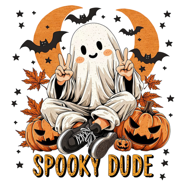 Spooky Dude Cute Ghost with Pumpkins and Bats – Halloween Ready to Press DTF Transfer