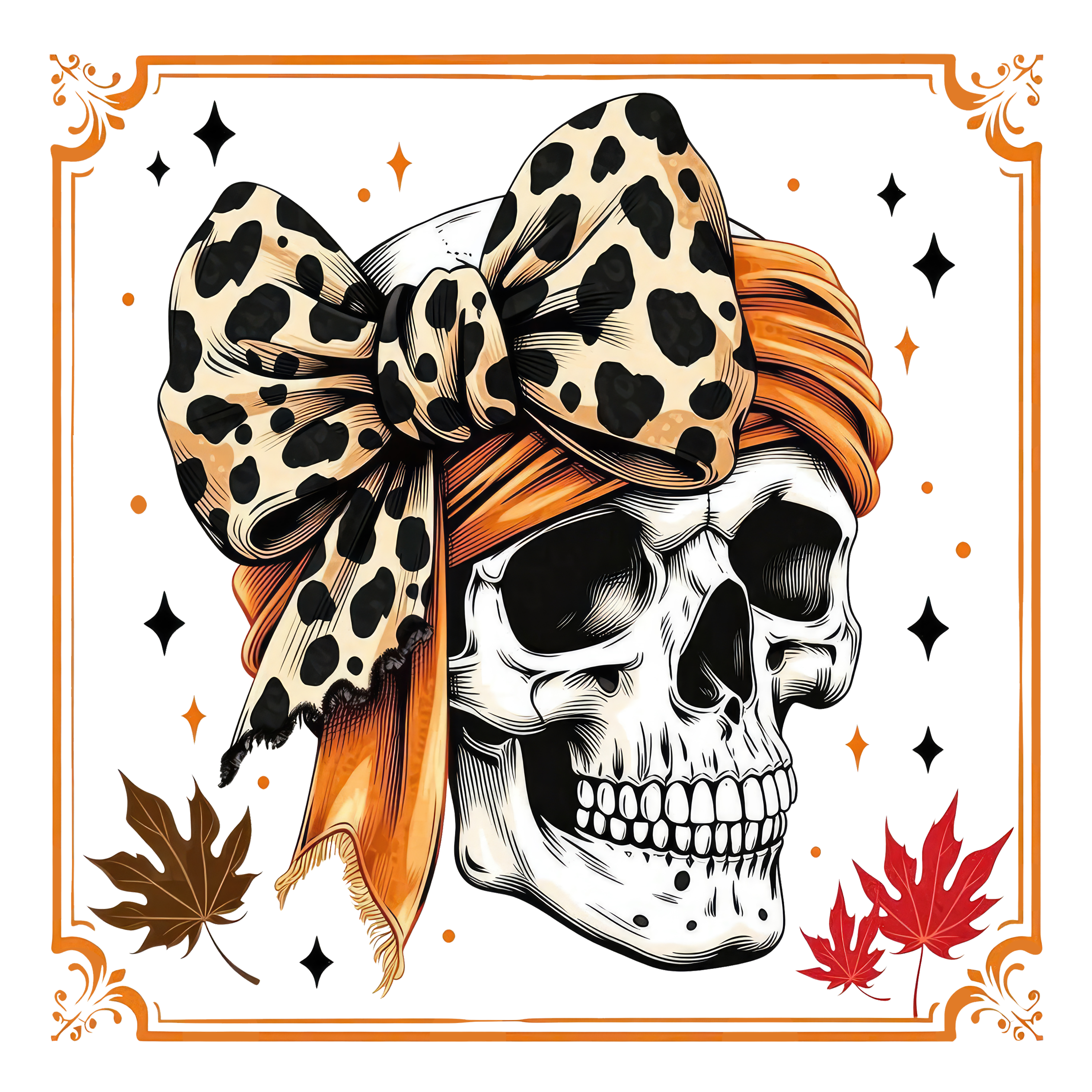 Leopard Bandana Skull with Autumn Leaves – Halloween Ready to Press DTF Transfer