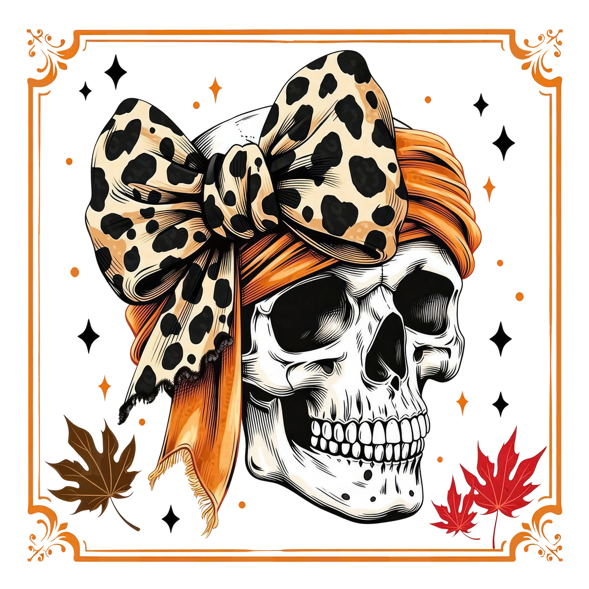 Leopard Bandana Skull with Autumn Leaves – Halloween Ready to Press DTF Transfer
