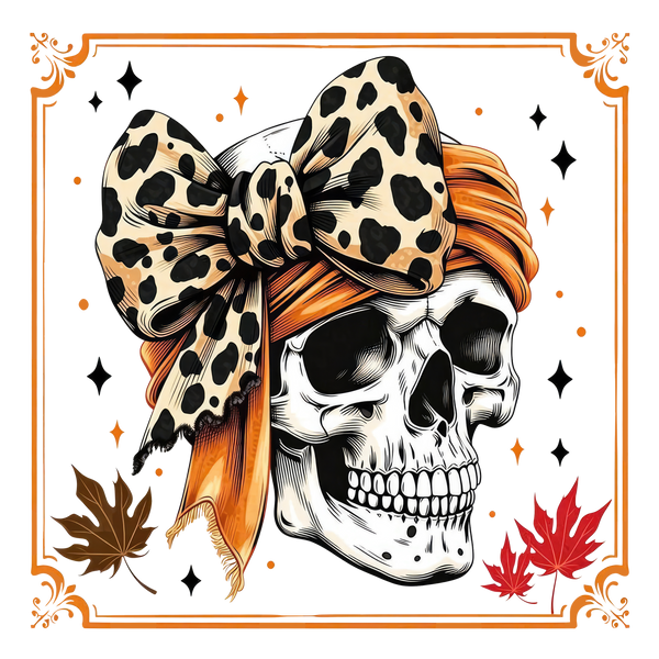 Leopard Bandana Skull with Autumn Leaves – Halloween Ready to Press DTF Transfer